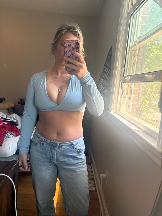 Amazon Tops - Amazon Light Blue, red, and purple long-Sleeve Wrap Crop Top